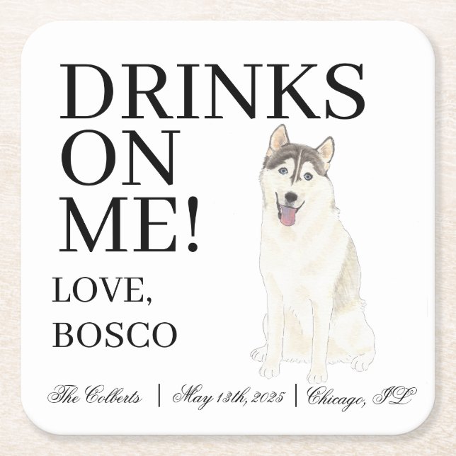 Personalized Husky Wedding Square Paper Coaster (Front)