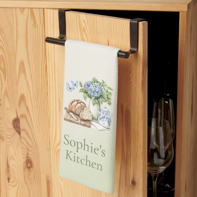Personalized Hydrangea Kitchen Towel, Custom Name  Towel (Thirds Fold)