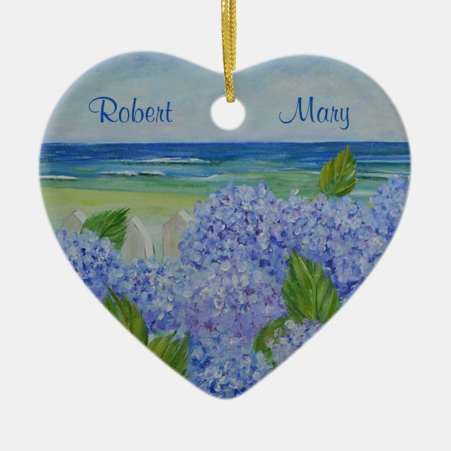 Personalized Hydrangeas By The Sea Ceramic Ornament (Front)