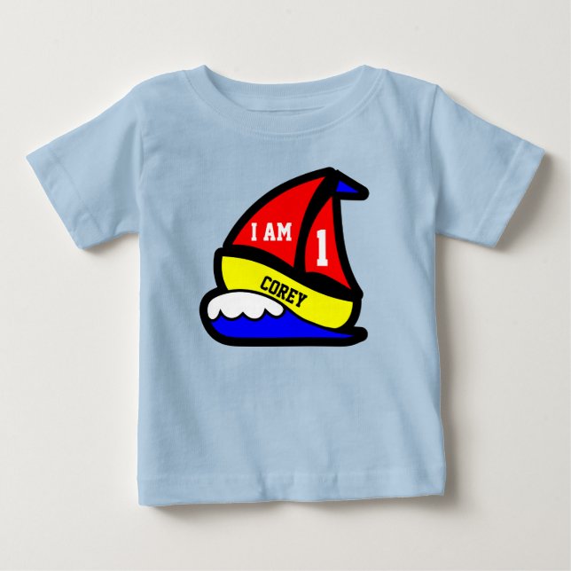 Personalized "I am 1" with Red Sailed Boat Baby T-Shirt (Front)