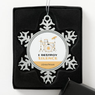 Personalized I Destroy Silence Funny Drummer Snowflake Pewter Christmas Ornament
