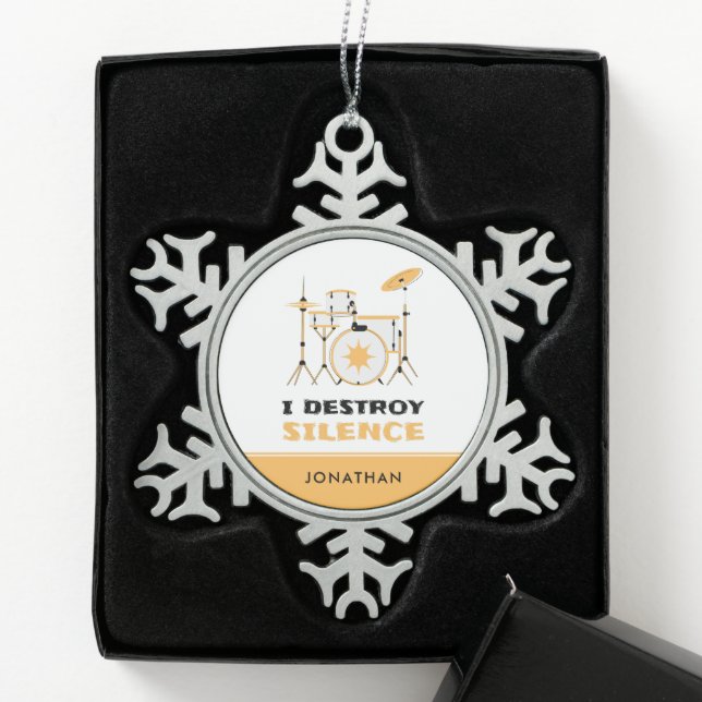Personalized I Destroy Silence Funny Drummer Snowflake Pewter Christmas Ornament (Box)