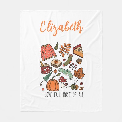 Personalized I Love Fall Autumn Leaves Pumpkins Fleece Blanket