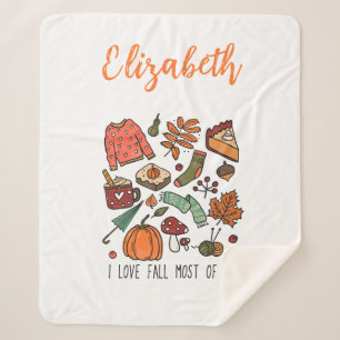 Personalized I Love Fall Autumn Leaves Pumpkins Sherpa Blanket