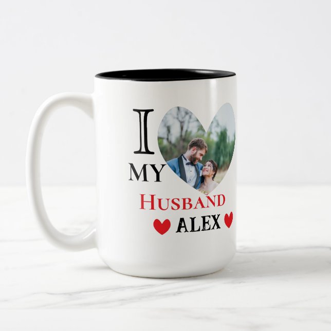 Personalized I Love My Husband Heart Photo Two-Tone Coffee Mug (Left)