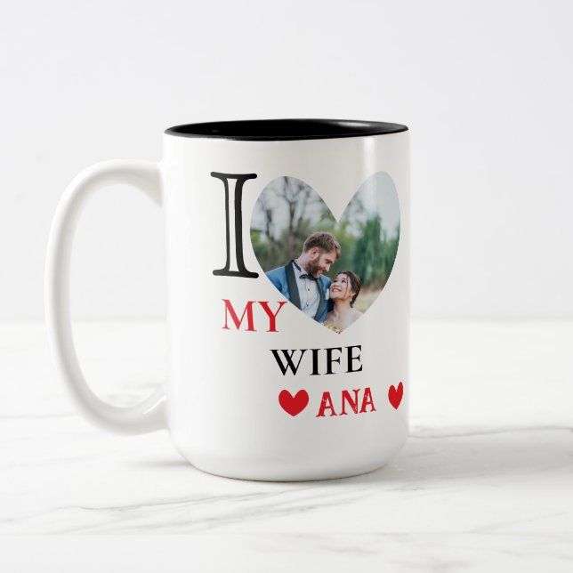 Personalized I Love My Wife Heart Photo Two-Tone Coffee Mug (Left)