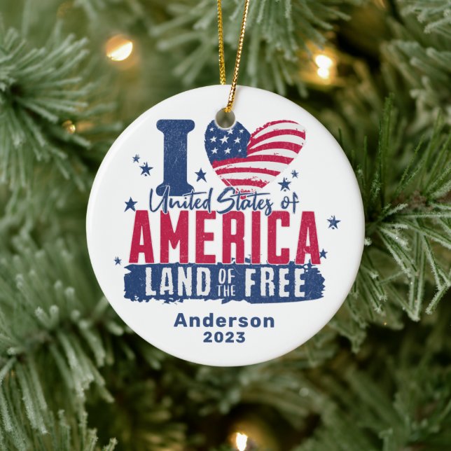 Personalized I Love United States of America  Ceramic Ornament (Tree)