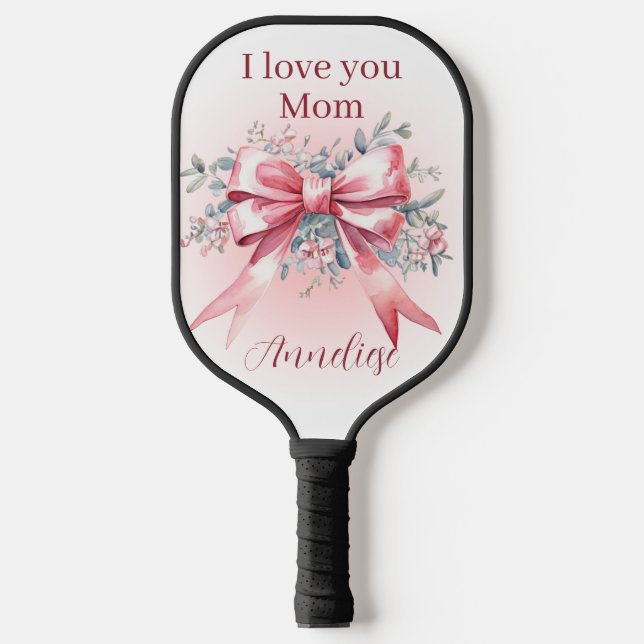 Personalized I Love You Mom with Elegant Pink Bow Pickleball Paddle (Front)