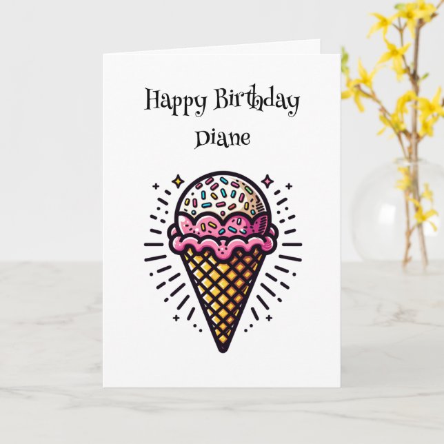 Personalized Ice Cream Cone Birthday for Her Card (Yellow Flower)