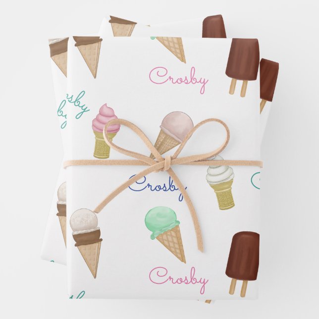 Personalized Ice Cream Social Birthday Party Wrapping Paper Sheets (In situ)