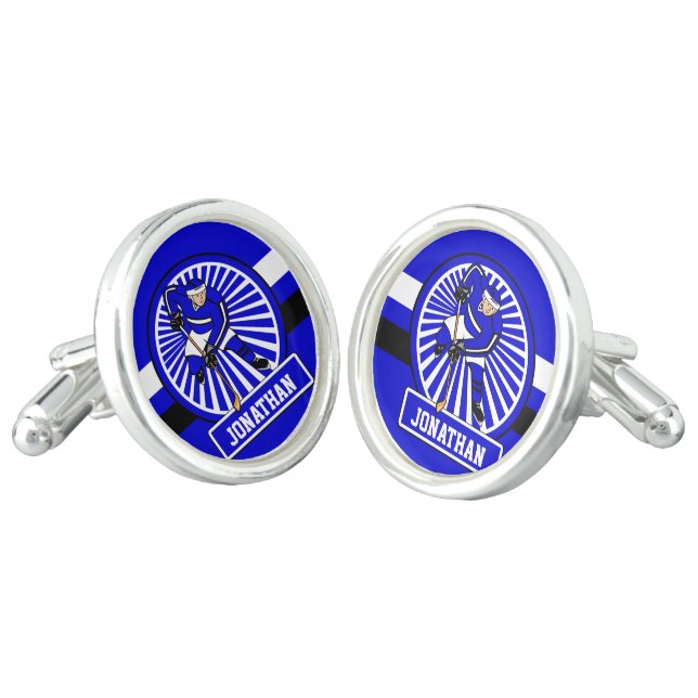Personalized Ice Hockey Player Blue Cufflinks (Angled)