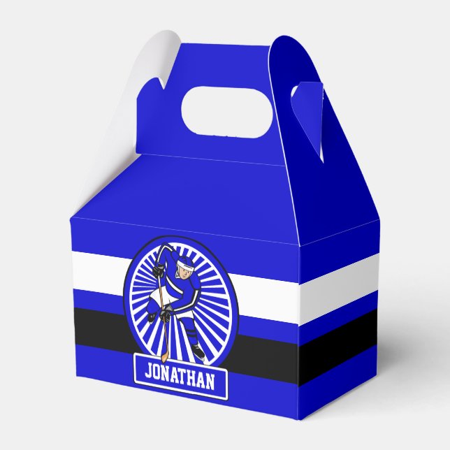 Personalized Ice Hockey Player Blue Favor Boxes (Back Side)