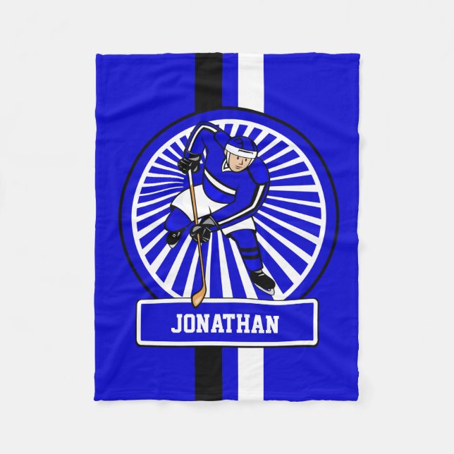 Personalized Ice Hockey Player Blue Fleece Blanket (Front)