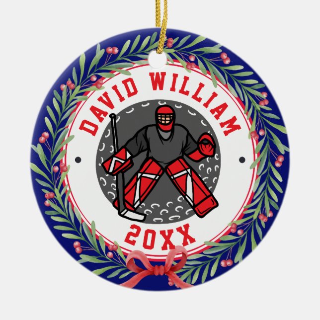 Personalized Ice Hockey Player Name Christmas Gift Ceramic Ornament (Front)