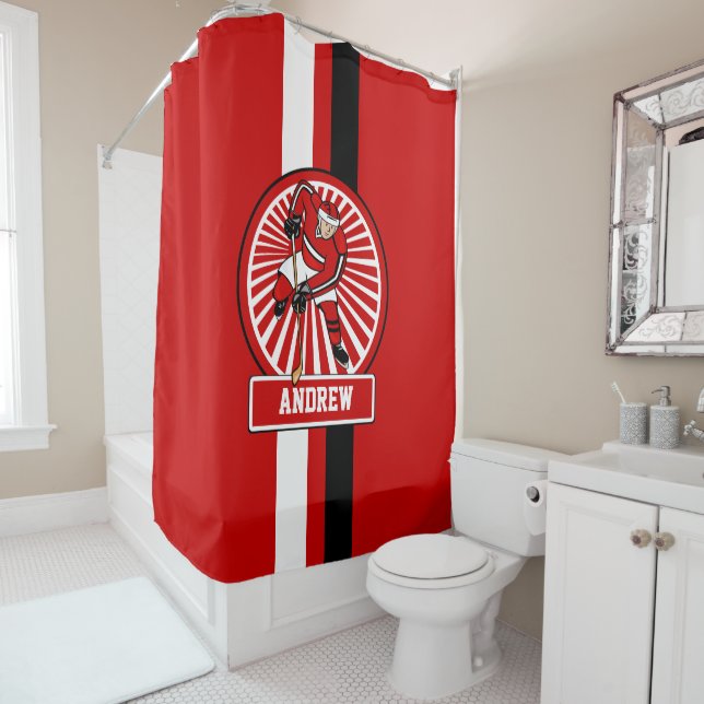 Personalized Ice Hockey Player RWB V2 Shower Curtain (In Situ)