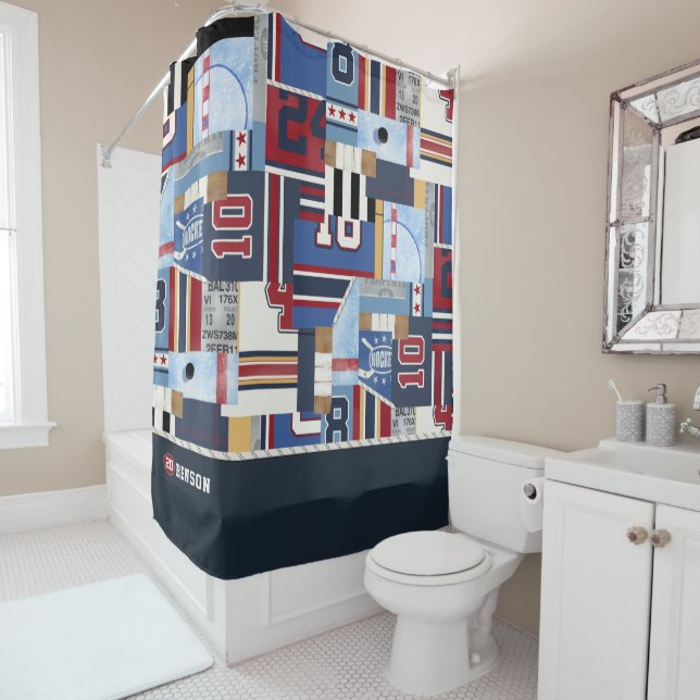 Personalized Ice Hockey Players Patchwork Shirt Shower Curtain (In Situ)