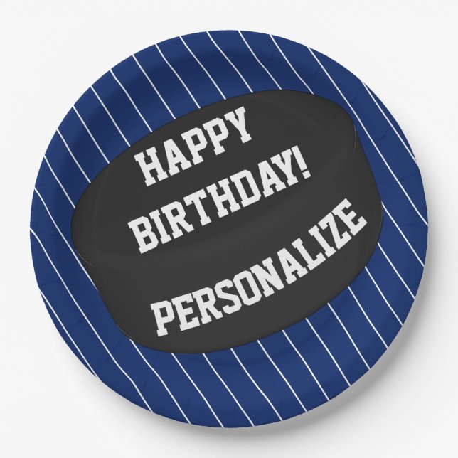 Personalized Ice Hockey Puck Ball Happy Birthday Paper Plates (Front)