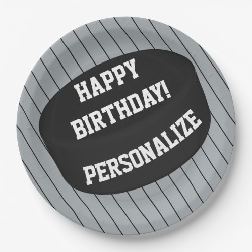 Personalized Ice Hockey Puck Happy Birthday Paper Plates