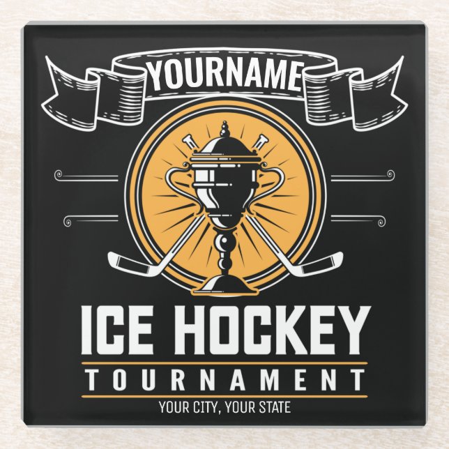 Personalized Ice Hockey Trophy Player Team Game  Glass Coaster (Front)