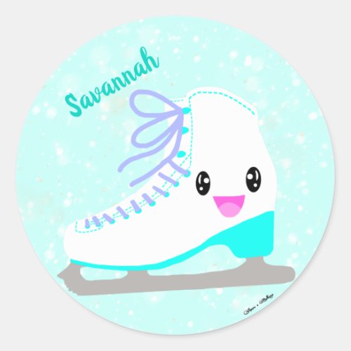 Personalized Ice Skating Blue Kawaii Figure Skater Classic Round Sticker