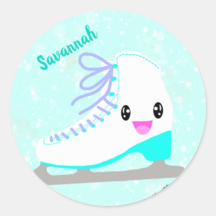 Personalized Ice Skating Blue Kawaii Figure Skater Classic Round Sticker