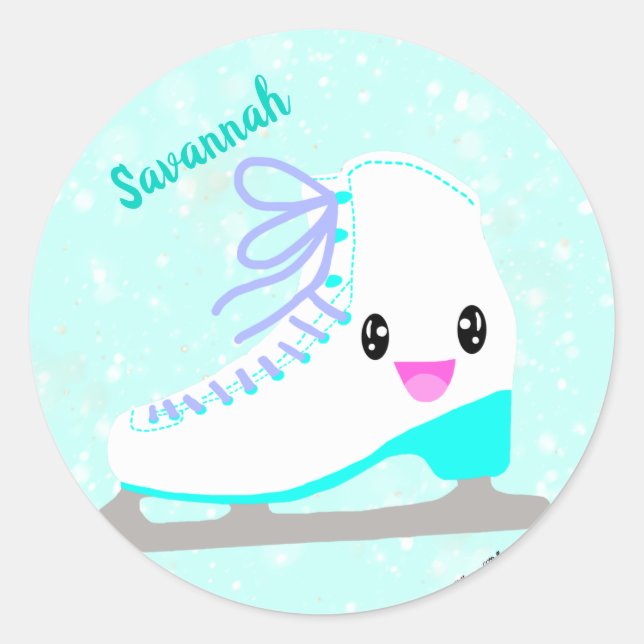 Personalized Ice Skating Blue Kawaii Figure Skater Classic Round Sticker (Front)