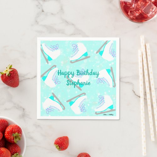 Personalized Ice Skating Pattern Blue Party Napkins