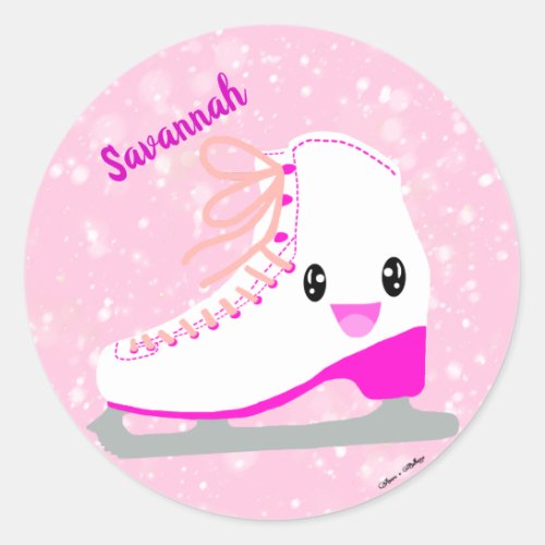 Personalized Ice Skating Pink Kawaii Figure Skater Classic Round Sticker