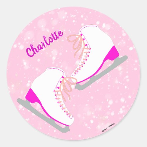 Personalized Ice Skating Pink Kawaii Figure Skates Classic Round Sticker