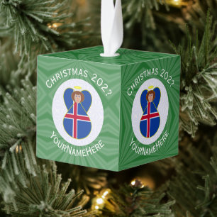 Personalized Icelandic Angel Christmas Flag Cube Ornament