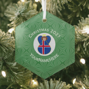 Personalized Icelandic Angel Christmas Flag Glass Ornament