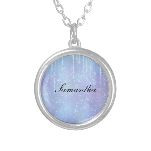 Personalized Icicle Snowflake Crystal Name  Silver Plated Necklace (Front)