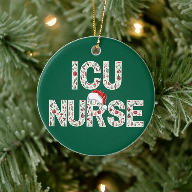 Personalized ICU Nurse Christmas Patterned Trendy  Ceramic Ornament (Tree)