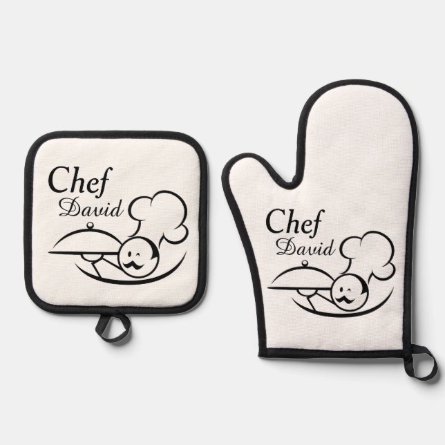 Personalized Illustrated Chef Oven Mitt & Pot Holder Set (Front)