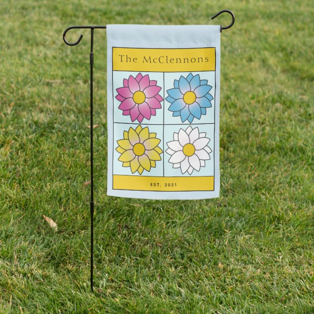Personalized Illustrated Floral Block Garden Flag (In SItu)