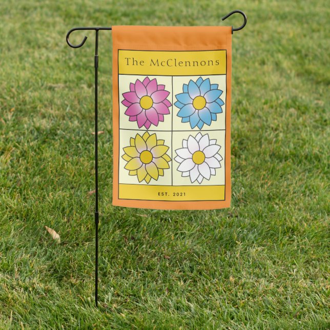 Personalized Illustrated Floral Block Orange Garden Flag (In SItu)