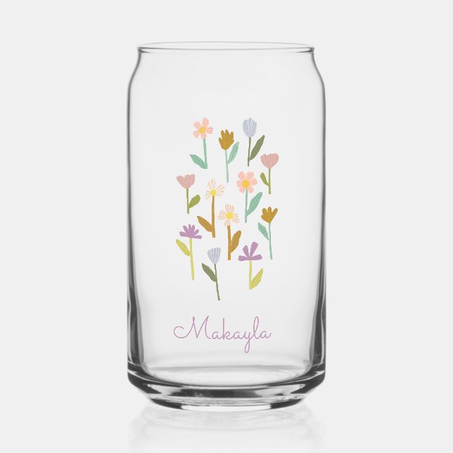 Personalized Illustrated Floral Bridesmaid Name Can Glass (Front)