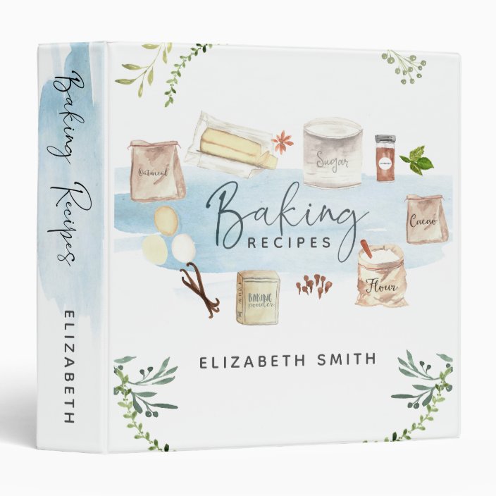 Personalized Illustrated Watercolor Baking Recipes 3 Ring Binder