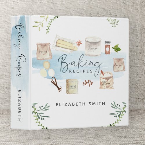 Personalized Illustrated Watercolor Baking Recipes 3 Ring Binder