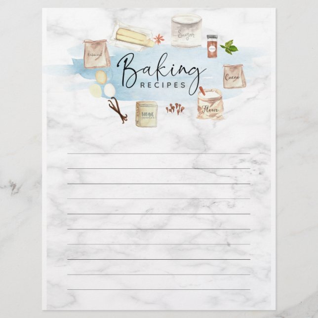 Personalized Illustrated Watercolor Baking Recipes Letterhead (Front)