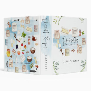 Personalized Illustrated Watercolor Dessert Recipe 3 Ring Binder