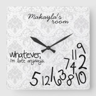 personalized - i'm late anyways - Gray Damask Square Wall Clock