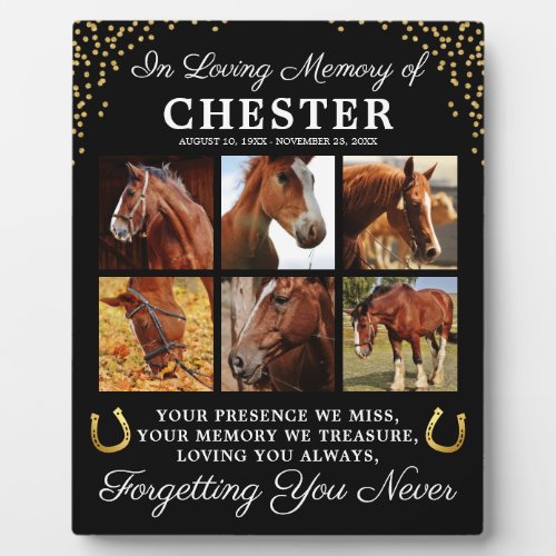 Personalized In Loving Memory Horse Plaque - Personalized horse photo plaque featuring 6 precious pictures of your beloved pet animal, gold horseshoes & glitter, the text "in loving memory of", your horses name, birth/death dates, and the sympathy quote "your presence we miss, your memory we treasure, loving you always, forgetting you never".