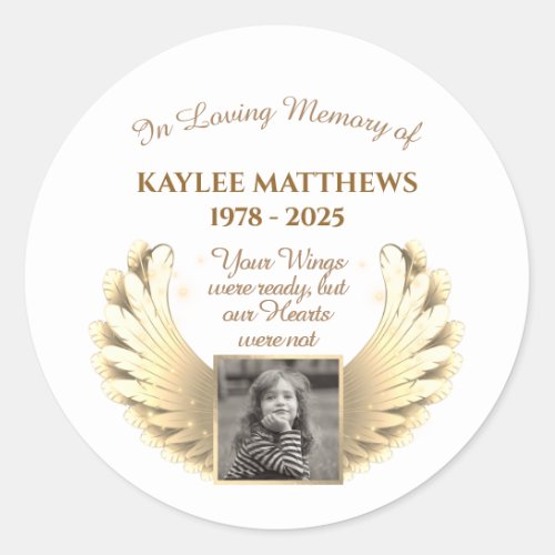 Personalized In Memory Memorial Angel Wings Photo Classic Round Sticker