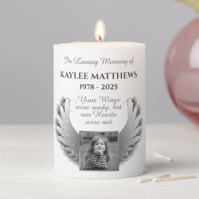 Personalized In Memory Memorial Angel Wings Photo Pillar Candle (In Situ)
