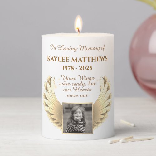 Personalized In Memory Memorial Angel Wings Photo Pillar Candle