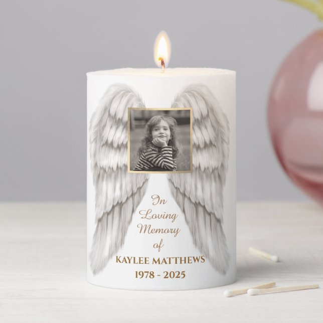 Personalized In Memory Memorial Angel Wings Photo Pillar Candle (In Situ)