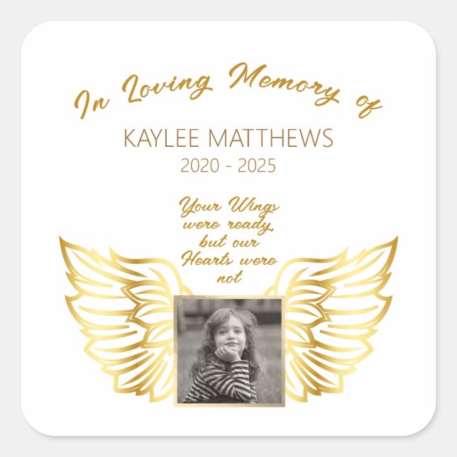 Personalized In Memory Memorial Angel Wings Photo Square Sticker (Front)