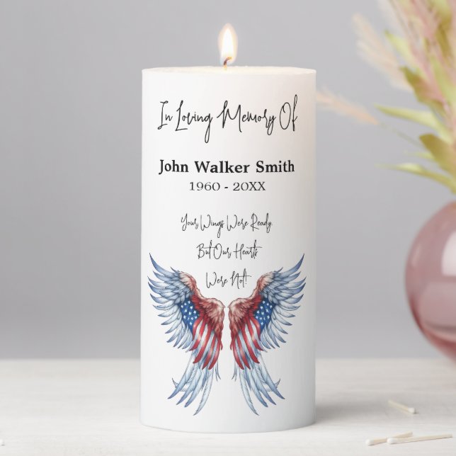 Personalized In Memory Patriotic Angel Wings Pillar Candle (In Situ)