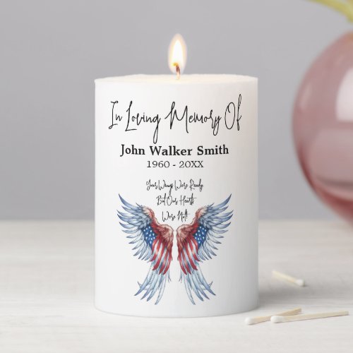 Personalized In Memory Patriotic Angel Wings Pillar Candle